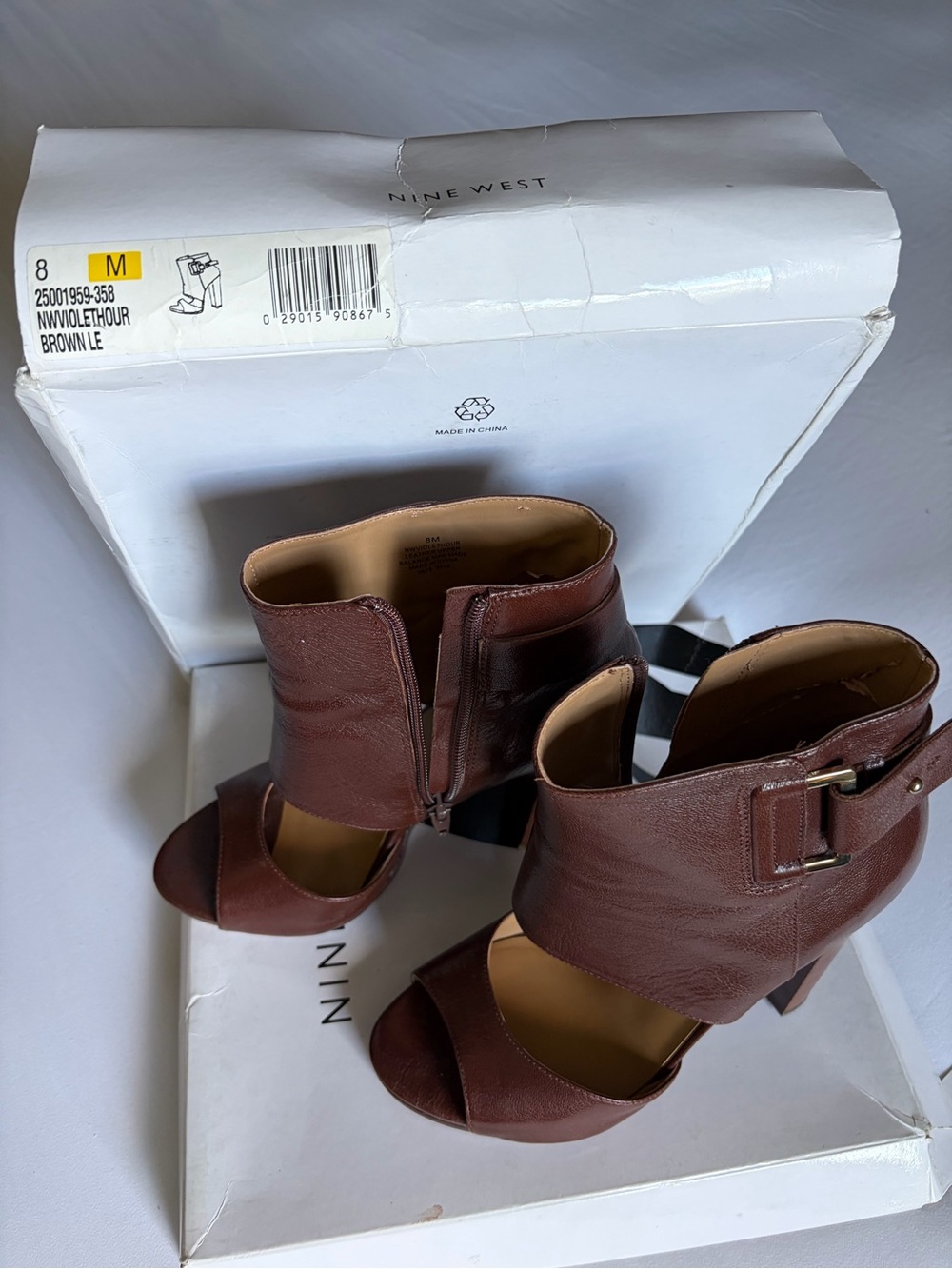 Nine West Brown Leather Open-Toe Ankle Heels
